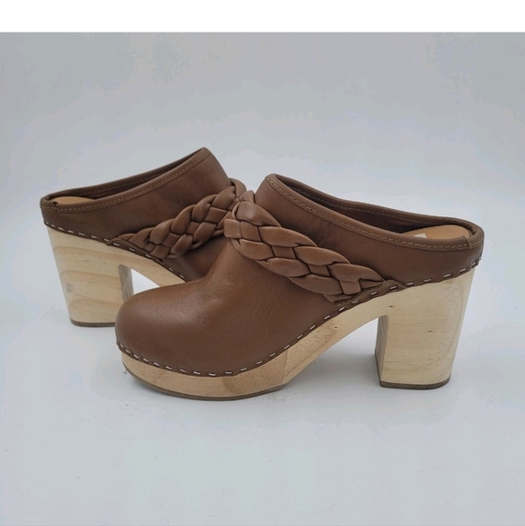 Dolce Vita Hila Saddle Brown Braided Leather Mule Clog Heels Size 7 Wooden Heel - Picture 3 of 12